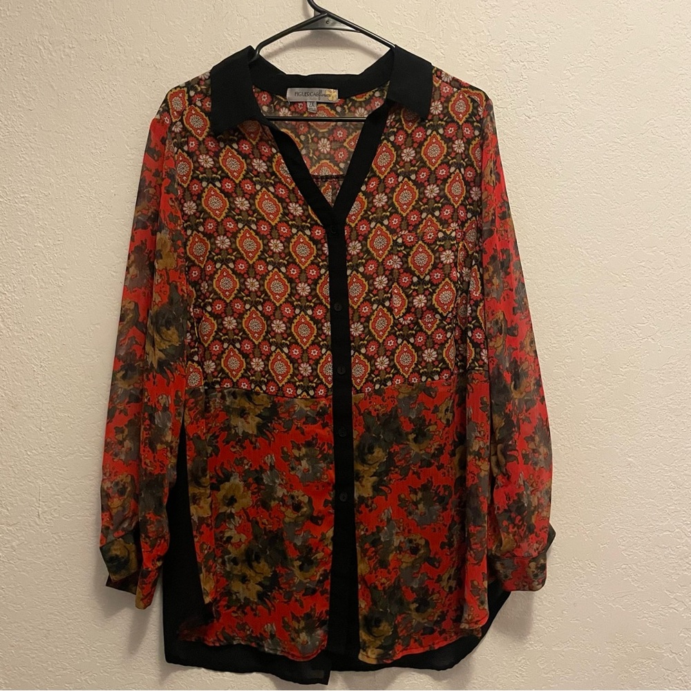 Figueroa & Flower Top Artsy Chiffon Floral Bohemian Gypsy Women's 2X Sheer